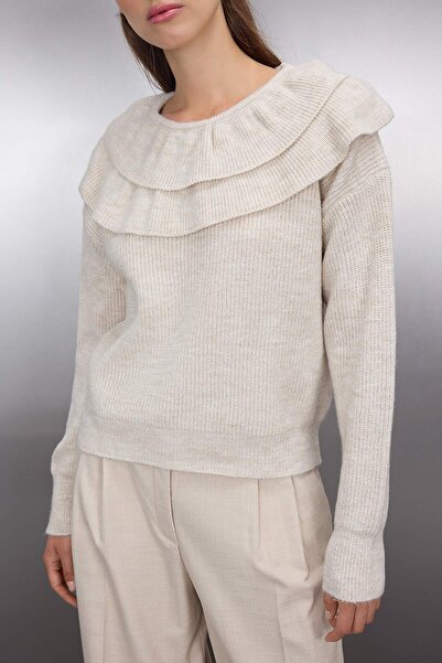 Trendyol Collection Stone Soft Textured Collar Ruffle Detail Knitwear Sweater Twoaw26Kz00161