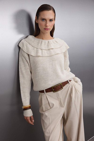 Trendyol Collection Stone Soft Textured Collar Ruffle Detail Knitwear Sweater Twoaw26Kz00161