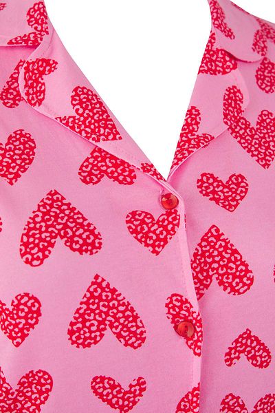Trendyol Curve Pink 100% Cotton Heart & Leopard Print Shirt-Pants Knitted Pajamas Set Tbbaw26Ai00017