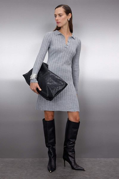 Trendyol Collection Gray Plain Mini Polo Neck Twill Soft Textured Knitwear Dress Twoaw26El00014
