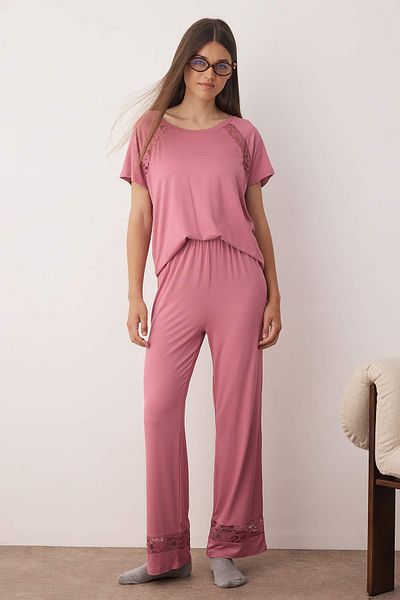 Trendyol Collection Dusty Rose Straight Lace Detail Viscose Single Jersey Knitted Pajamas Set Thmaw26Pt00038