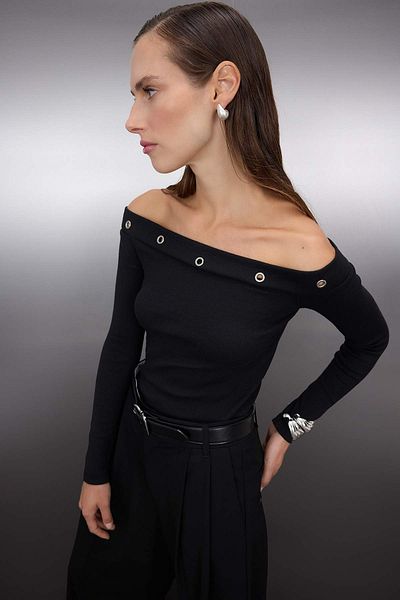 Trendyol Collection Black Carmen Collar Eyelet Detail Fitted/Slim Fit Stretch Knit Blouse Twoaw26Bz00065
