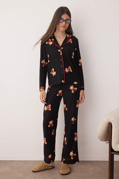 Trendyol Collection Black New Year's Piping 30/2 Openend Single Jersey Knitted Pajama Set Thmaw26Pt00043