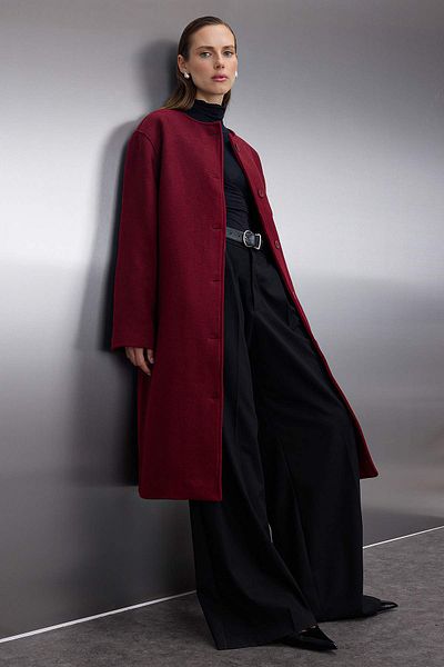 Trendyol Collection Burgundy Shawl Detailed Mono Closure Oversize Long Cashmere Coat Twoaw26Kb00041