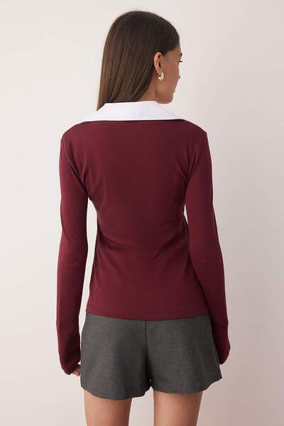 Trendyol Collection Burgundy Woven Detailed Shirt Collar Regular/Regular Fit Knitted Blouse Twoaw25Bz00035