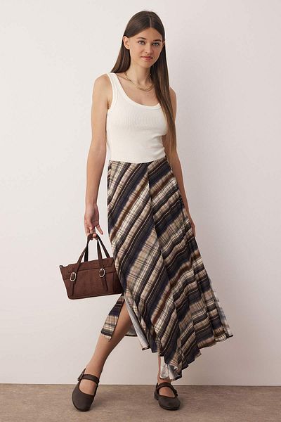 Trendyol Collection Brown Asymmetrical Plaid Long/Maxi Viscose Skirt Twoss25Et00183