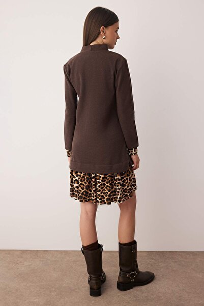 Trendyol Collection Brown Thessaloniki High Neck Leopard Print Mini Knitted Dress Twoaw25El00282