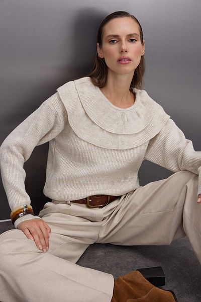 Trendyol Collection Stone Soft Textured Collar Ruffle Detail Knitwear Sweater Twoaw26Kz00161