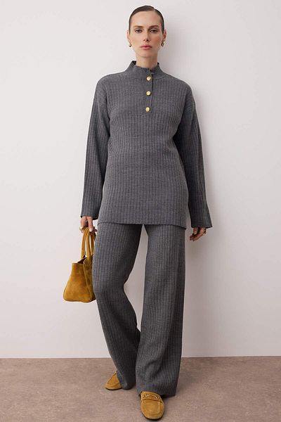 Trendyol Modest Anthracite Gold Buttoned Knitwear Bottom-Top Set Tctaw26Us00004