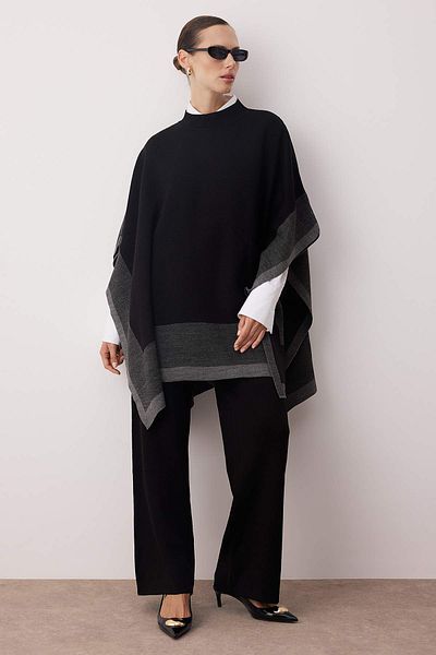 Trendyol Modest Black Color Block Knitwear Poncho Pants Top and Bottom Set Tctaw25Us00018
