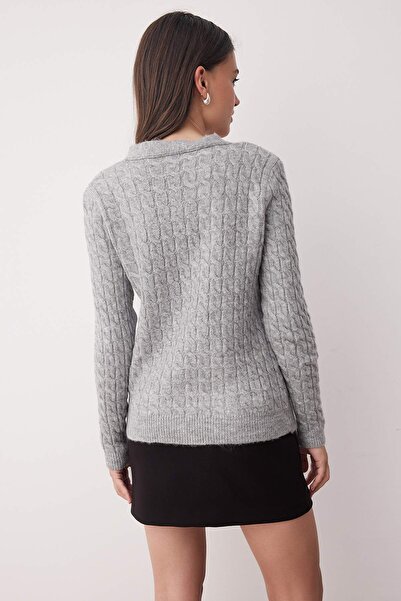 Trendyol Collection Gray Button Detailed Soft Textured V-Neck Hair Knit Cardigan Twoaw26Hi00014