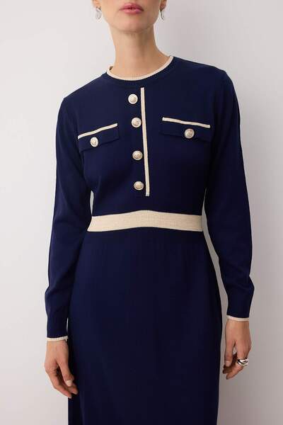 Trendyol Modest Sötétkék bordás gombos kötött ruha TCTAW25EB00042