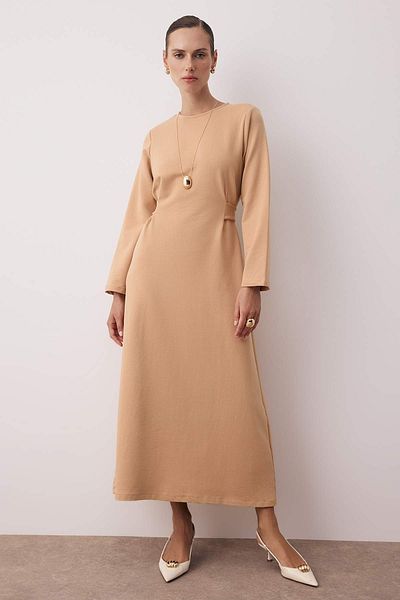 Trendyol Modest Camel Unlined Soft Button Interlock Knitted Dress Tctaw26Eb00025