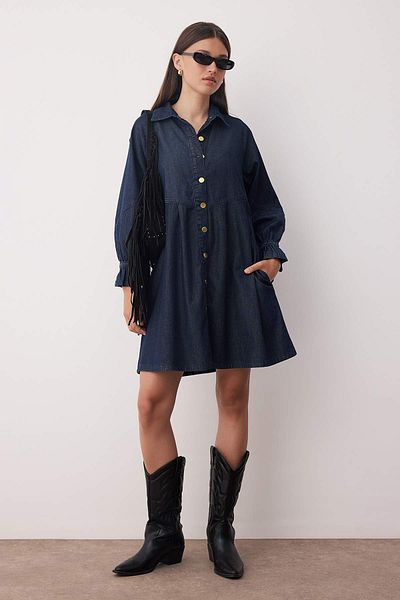 Trendyol Collection Dark Blue Pleated Sleeve Detail Mini Denim Shirt Dress Twoaw26El00035