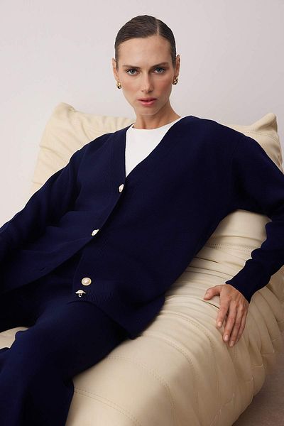 Trendyol Modest Navy Blue Pearl Button Cardigan-Pants Knitwear Bottom-Top Set Tctaw24Us00037