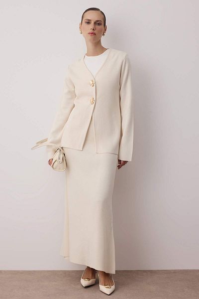 Trendyol Modest Ecru Gold Buttoned Knitwear Skirt Suit Tctaw26Us00011