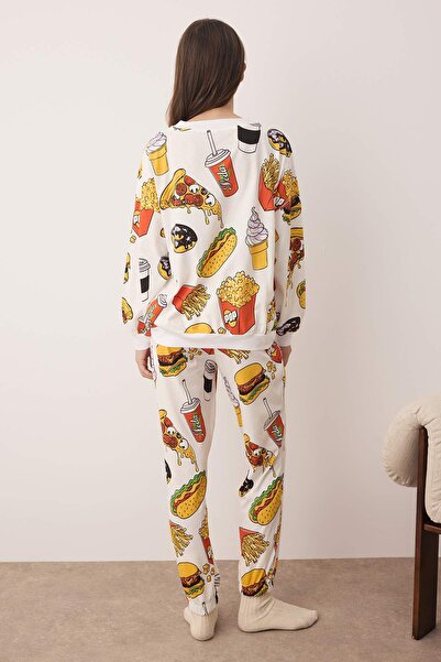 Trendyol Collection Weißes, gemustertes Strick-Pyjama-Set aus 100 % Baumwolle mit Slogan-Stickerei THMAW23PT00064