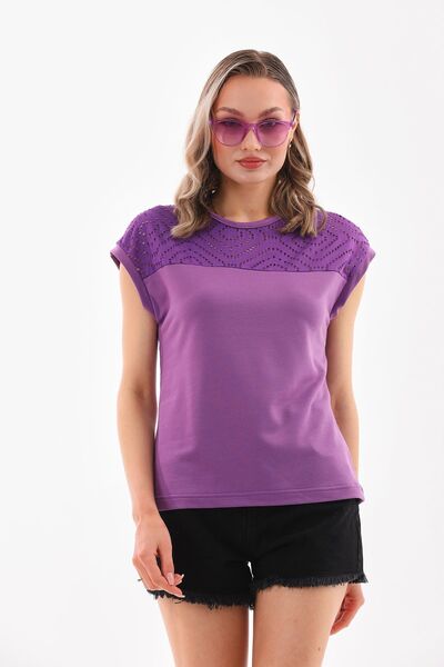 DEVRİMAY TEKSTİL Purple Crew Neck Lace Women's Blouse
