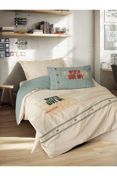 Cotton Box Mood Embroidered Single Ranforce Duvet Cover Set - Forward Beige