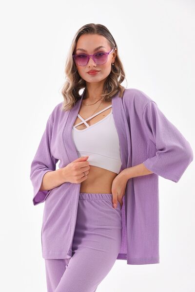 DEVRİMAY TEKSTİL طقم كيمونو أرجواني - ساق واسعة وتفاصيل ملفوفة