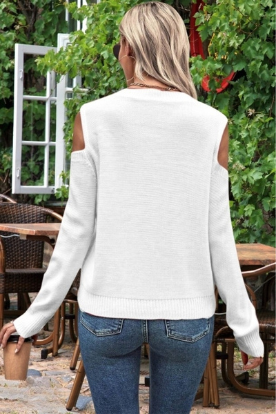 hanope Pulover de tricotaj alb pentru femei, cu decolteu rotund, cu detaliu din plasă, cu model de tricotat, cu detaliu pe umeri