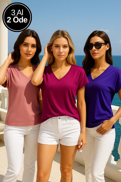 Rich Women's 3 Pack Pink-Purple-Powder Viscose Front Back V-Neck T-Shirt Batwing Sleeve Relaxed Blouse