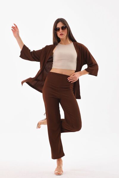 DEVRİMAY TEKSTİL Καφέ Σετ Κιμονό με Φαρδύ Πόδι - Σετ κάτω και επάνω