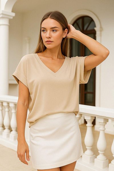 Rich Women's Beige Viscose Front Back V-Neck T-Shirt Bat Sleeve Relaxed Blouse