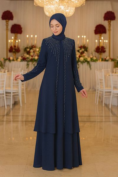 N.S NEVA STYLE Beaded Navy Blue Hijab Abaya 29131L
