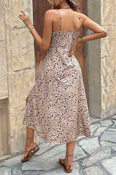 Mossta Patterned Midi Dress with Strap Slit Detail - Beige