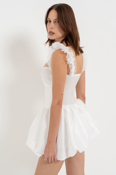 Kikiriki Off white Fırfırlı Kalp Detaylı Mini Elbise