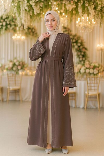 Neva Style Embroidery Patterned Brown Hijab Abaya Suit 29126Kh