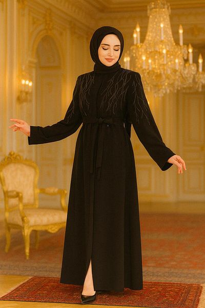 Neva Style Navy Blue Hijab Abaya with Bead Detail 29129S