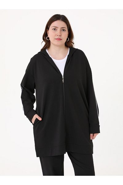 ALİA Plus Size Piping Detailed Hooded Sweatshirt & Pants Double Set - Navy Blue - Alia