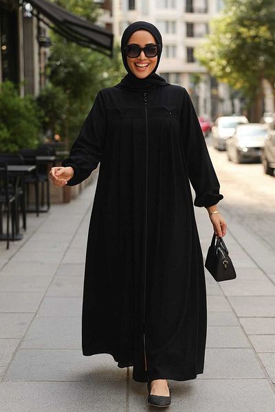 Neva Style Zippered Black Hijab Abaya 45295S