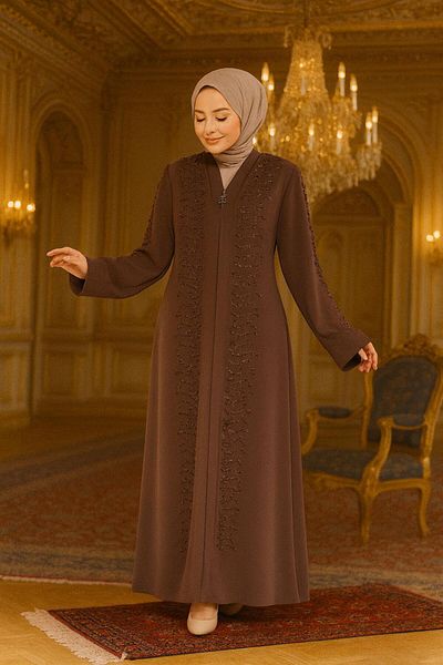 Neva Style Beaded Brown Hijab Ferace 29127Kh