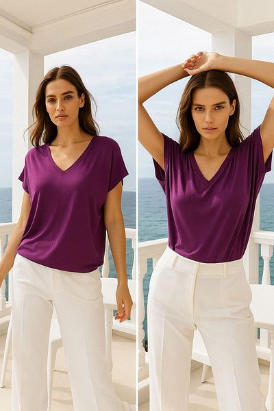 Rich Women's Purple Viscose V-Neck T-Shirt Short Sleeve Relaxed Cut Blouse