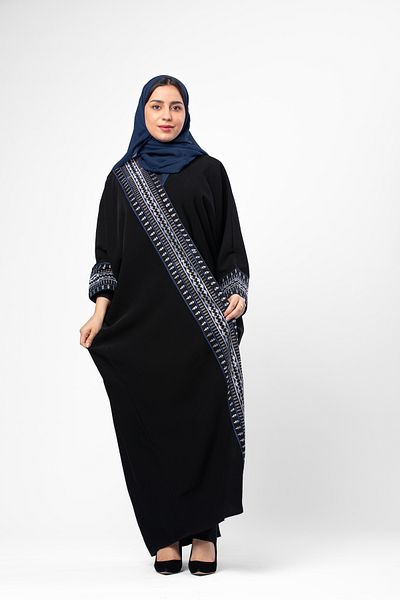 outline Black summer abaya, half-bisht, with navy blue embroidery