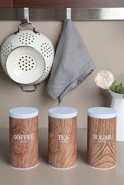 Sarkap Vakumlu Kapaklı 3'lü Metal Saklama Kabı Seti -  Ahşap