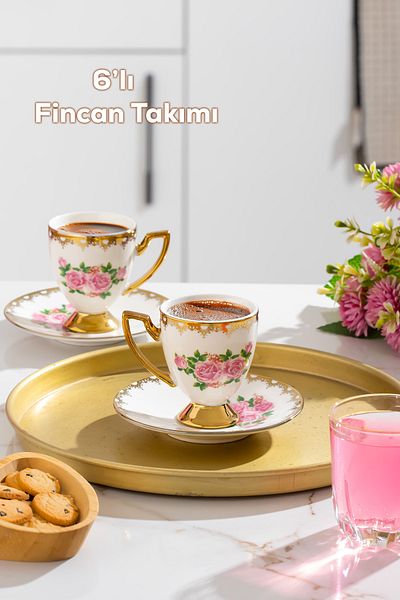 Porsima 3188 Rosemary 12 Piece Gilded Porcelain Turkish Coffee Cup Set
