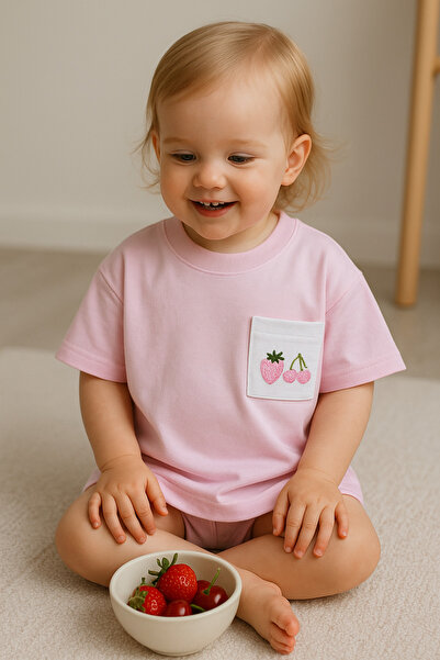 Mama Miel Baby Тениска с бродиран джоб с череши и ягоди - розова, 100% памук