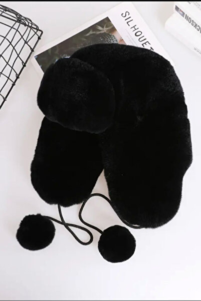 BAHELS Siyah Peluş Kulaklı Ponponlu Bere Şapka