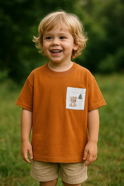 Mama Miel Baby Bear Embroidered Pocket Oversize T-Shirt - Cinnamon 100% Cotton