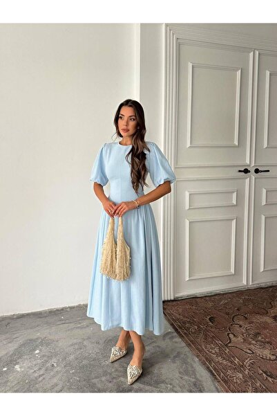 Bellucia Balon Kollu Keten Dokulu Elbise