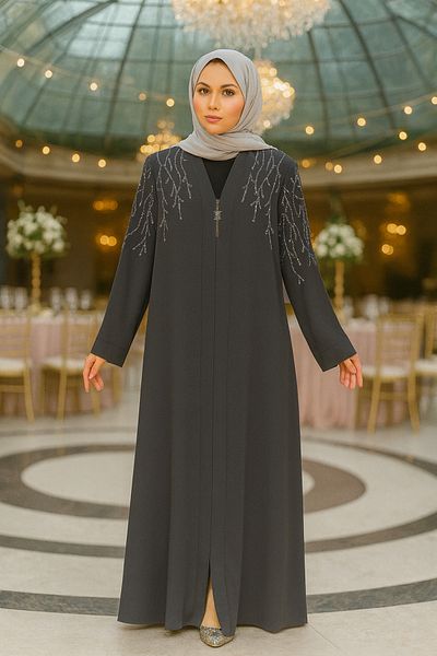 Neva Style Smoked Bead Embroidered Hijab Abaya - 29110FU