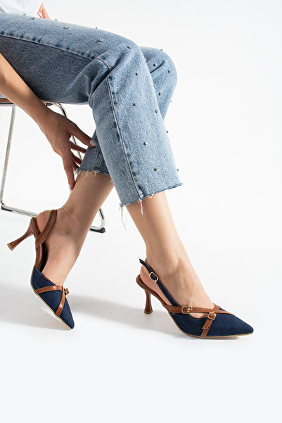 Elvis Pantofi cu toc pentru femei, cu detaliu de cataramă cu bandă dublă, culoare BLUE DENIM (înălțime toc 8 cm)
