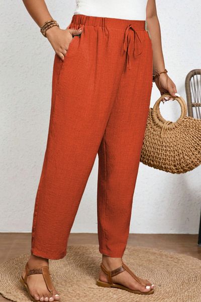 CEDY DENIM Women's Summer Large Size Synthetic Linen High Waist Elastic Narrow Leg Mom Pants C611