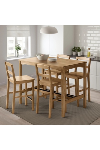 IKEA bar masası ve tabure seti, antika vernik-çam, 4 tabureli