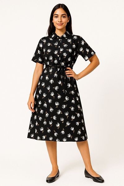 dorbe floral design short sleeve button-down midi with belted waist shirt dress