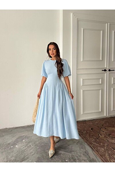 Bellucia Balon Kollu Keten Dokulu Elbise
